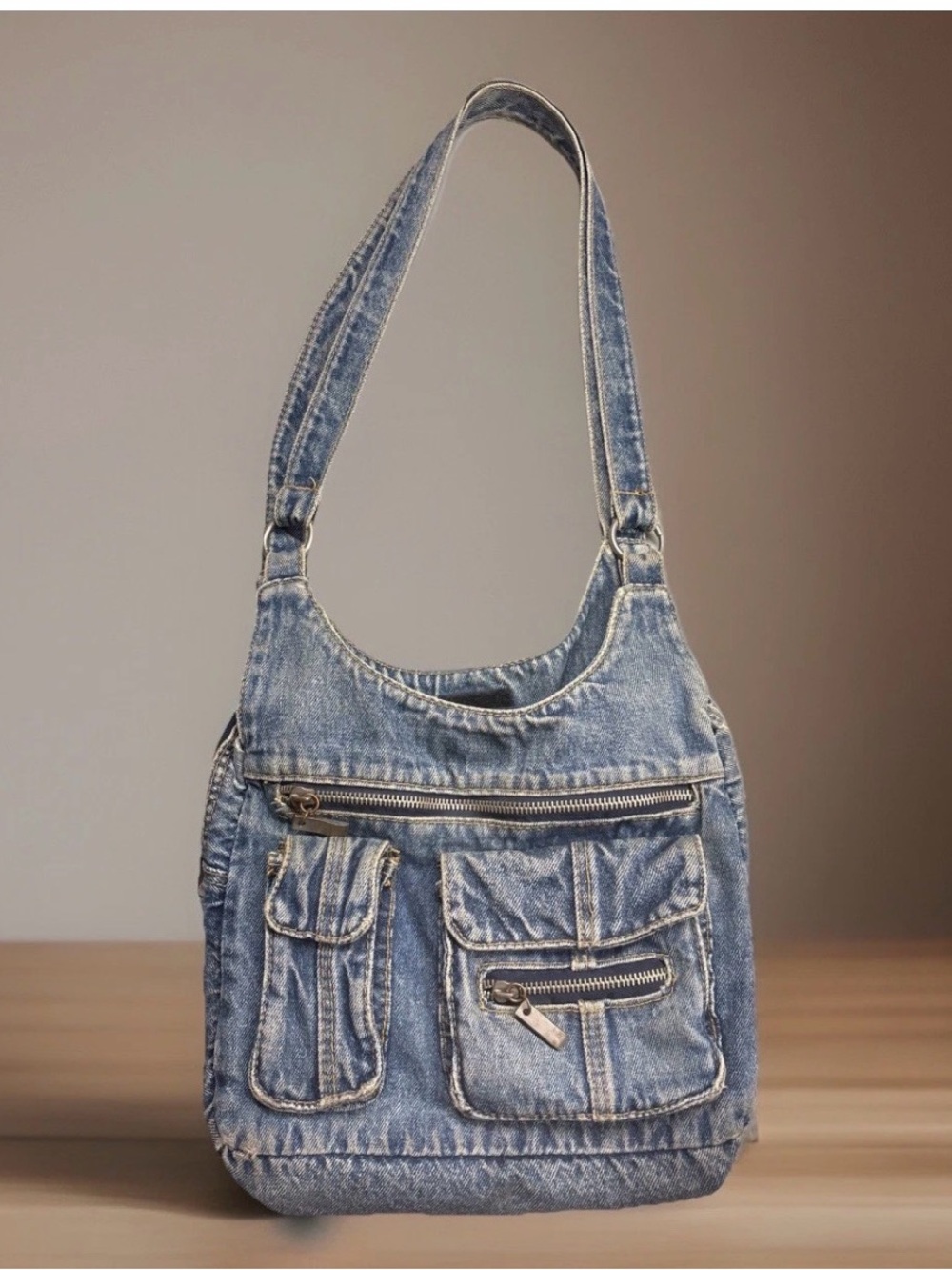 VTG Y2K Denim Bag BOHO Shoulder Denim Jean Purse Blue Zipper Retro Grunge Chic